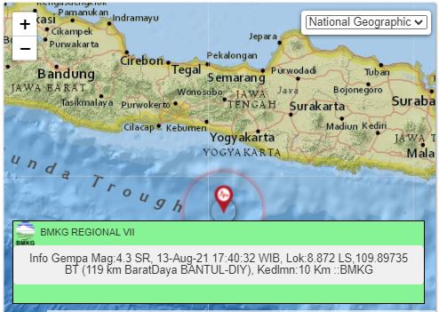 Gempa M 4,3 di barat daya Bantul, Jumat (13/8/2021) (dok. BMKG)